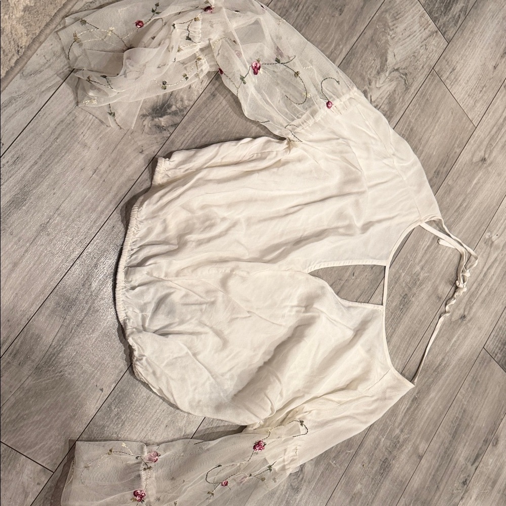 Sheer White Blouse with Floral Embroidery